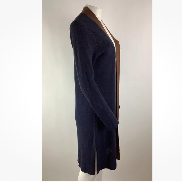 Eileen Fisher Sz M Lightweight Duster Cardigan Blue Brown Trim Tencel Silk - Picture 3 of 6